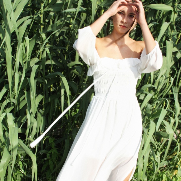 ❀ White Midi Dress Off Shoulder - Picture 6 of 12